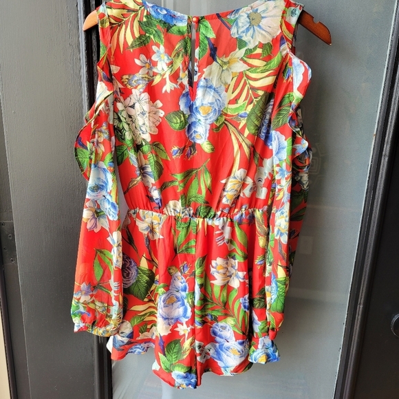 NWT Fashion Nova Orange Floral Small Long Sleeve Elastic Waist V Neck Romper - Picture 2 of 13